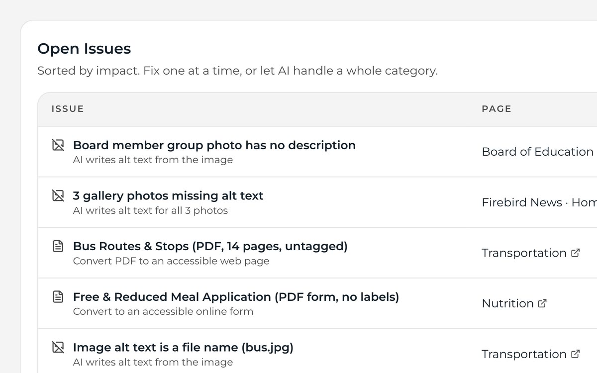 Open accessibility issues with one-click Fix, Convert and Caption actions.