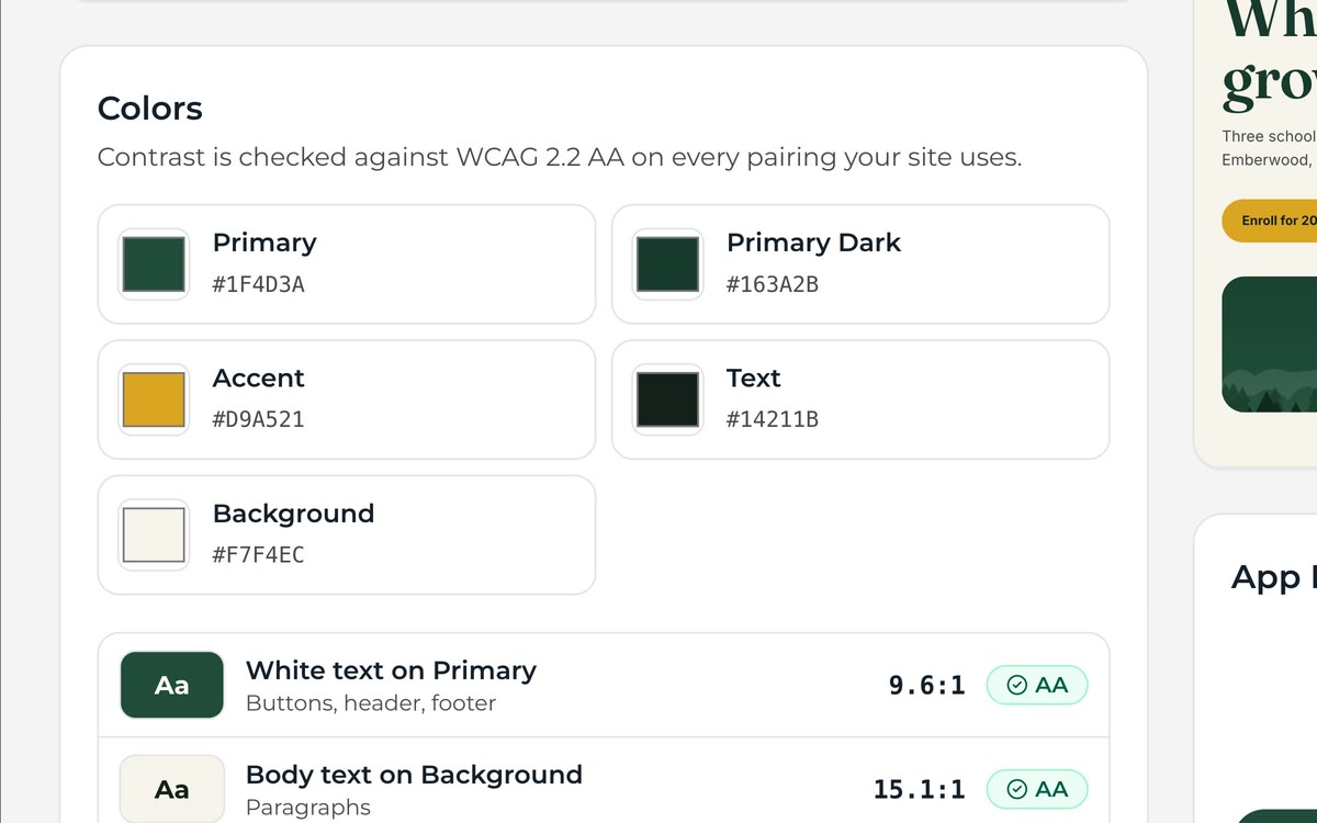 Brand color settings with contrast checks on each pairing.
