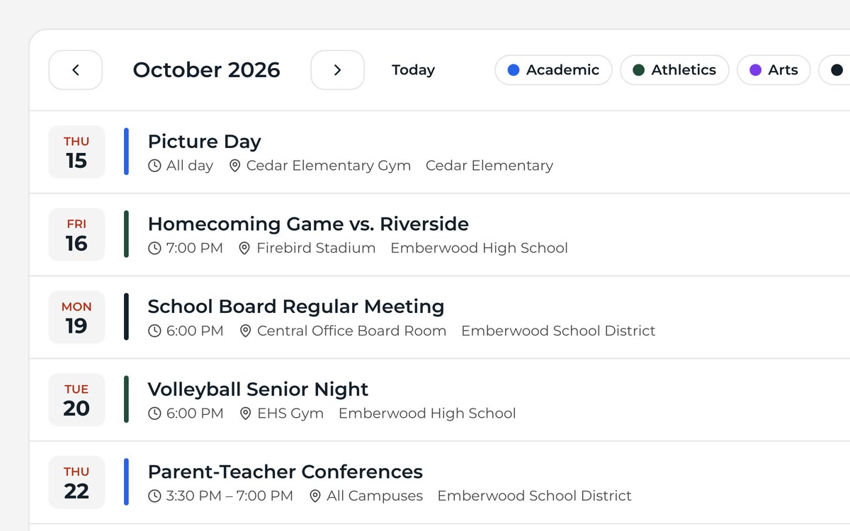 Calendar agenda list with Import Calendar and Sync to Google/Outlook buttons.