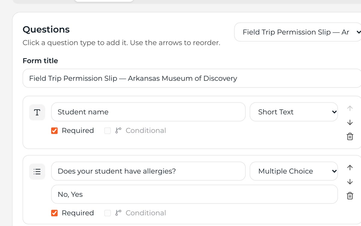 Form builder with fields, a signature block and a live preview.