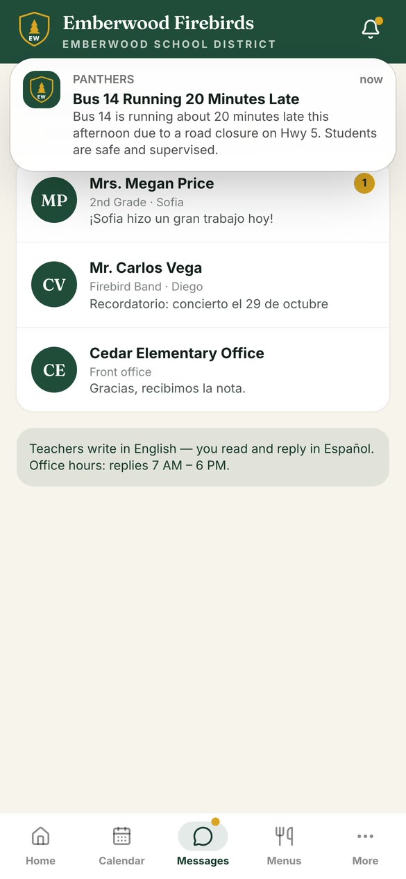 Family messages in the district app on a phone.