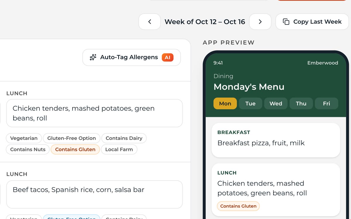 Lunch menu week view with Copy Last Week and Publish Week controls.