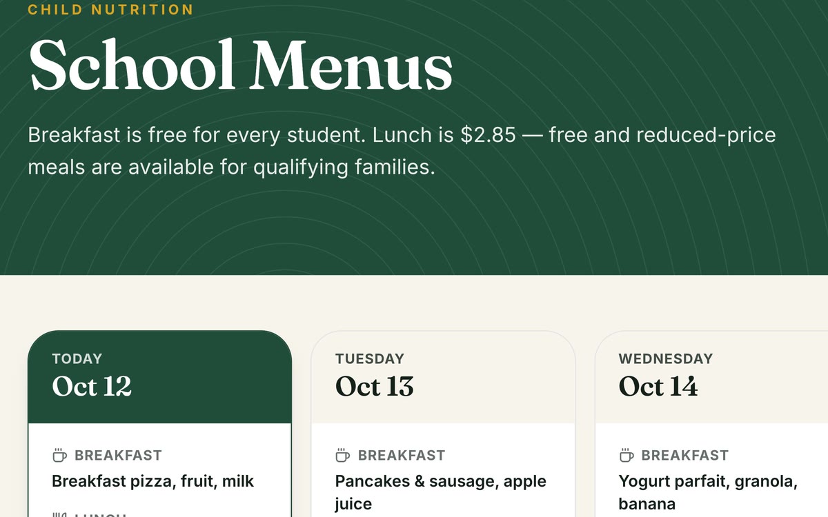 Public lunch menu page on the district website.