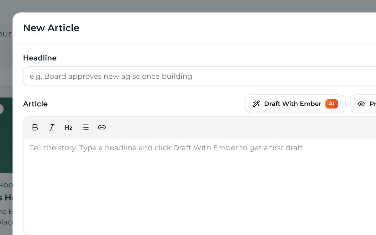 News article editor with headline, summary, cover image and body blocks.