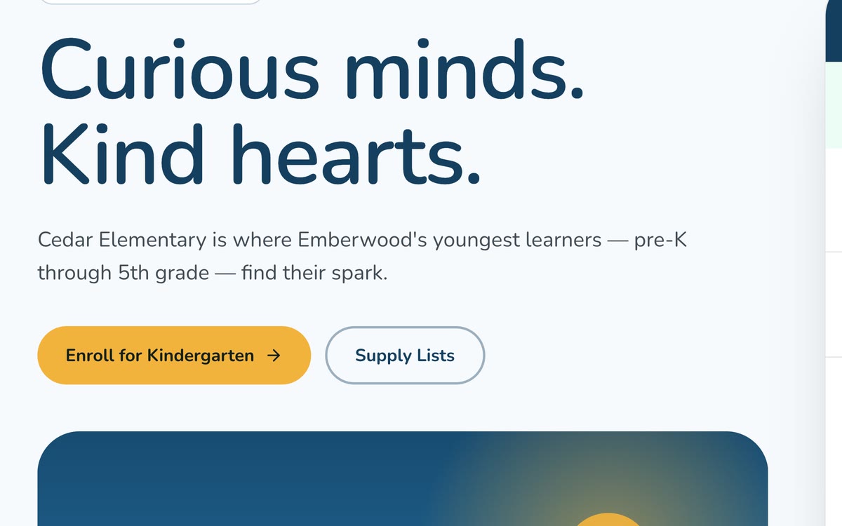 Cedar Elementary's standalone site with its own blue Cubs branding.