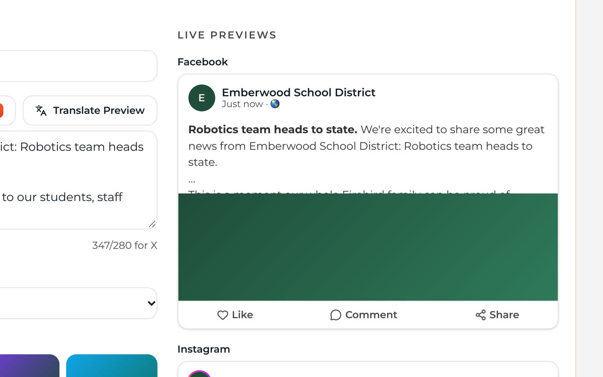Spark composer showing a finished post with live previews for Facebook, Instagram and X side by side.